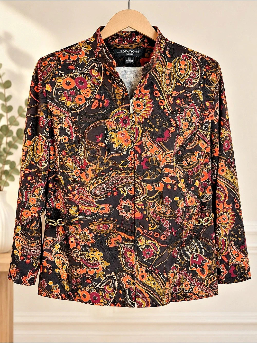 Notations 3X Bold Paisley Fall Zip Jacket Boho Floral Statement Piece Like New